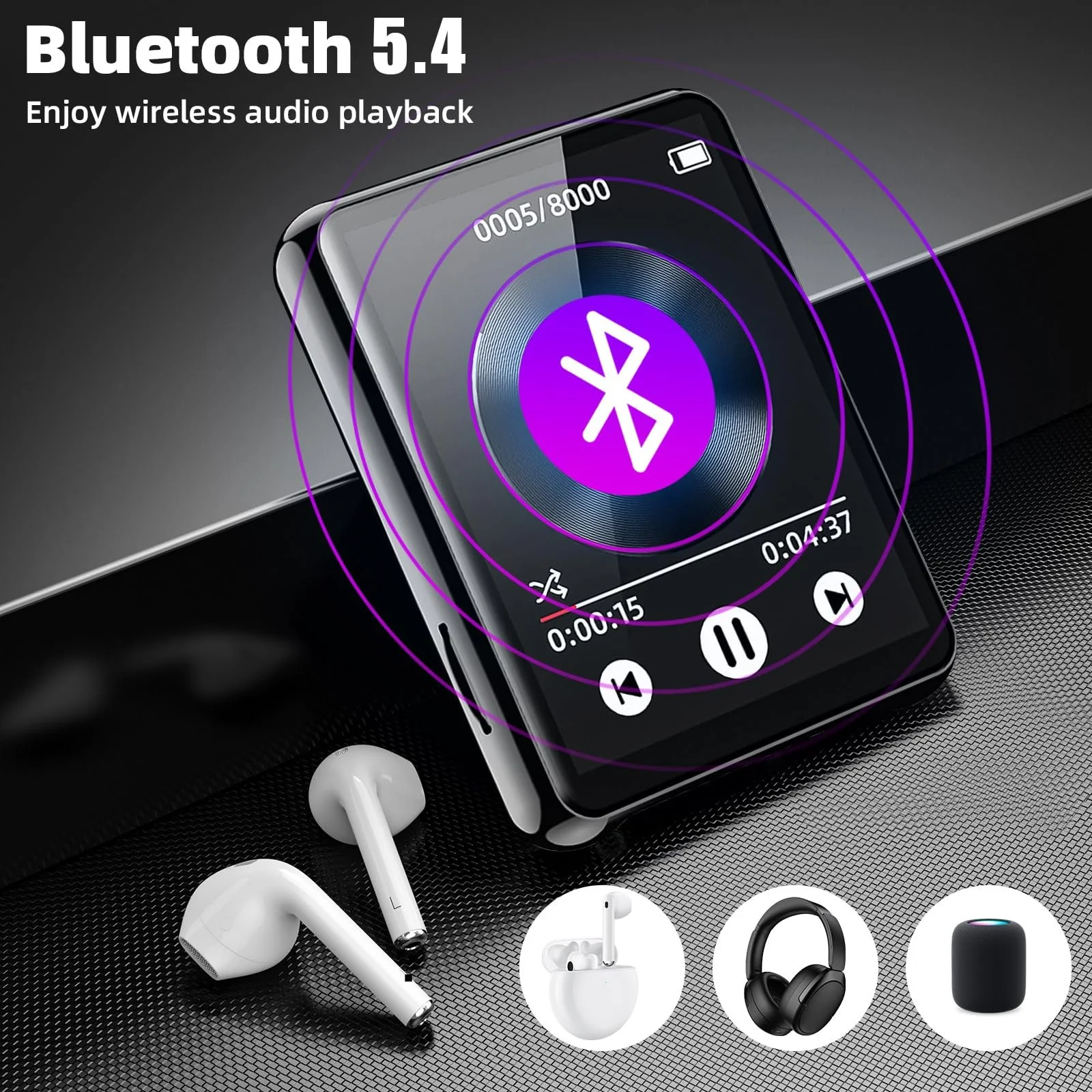 MP3 плеєр Cetoon 128GB з Bluetooth, портативний, цифровий, з динаміком, 2.4" Full Touch Screen, HiFi звук, FM-радіо, диктофон, дротові навушники в комплекті, для бігу, спортзалу, фото №3
