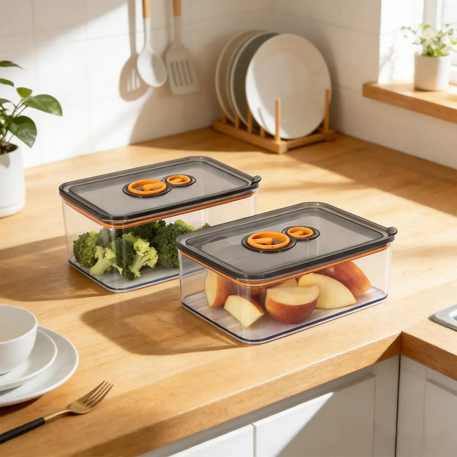 Контейнери для зберігання продуктів з кришками 2 шт., з індикатором дати, герметичні, штабельні, з PP Сірий, фото №5