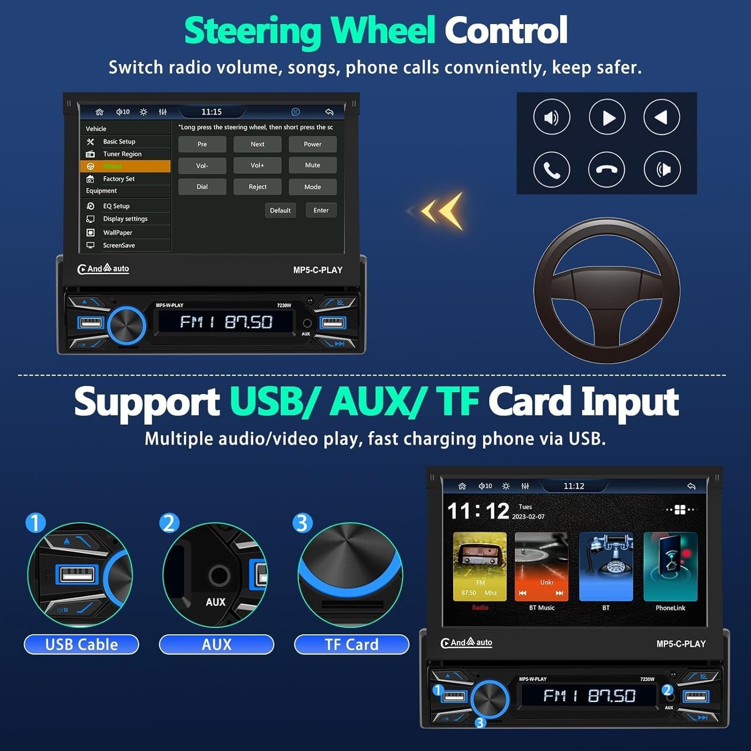 Автомагнітола CML-PLAY 7230W / 7" / Сенсорна / Apple CarPlay / Android Auto / Bluetooth / FM / USB / AUX / TF Card / 1DIN, фото №5