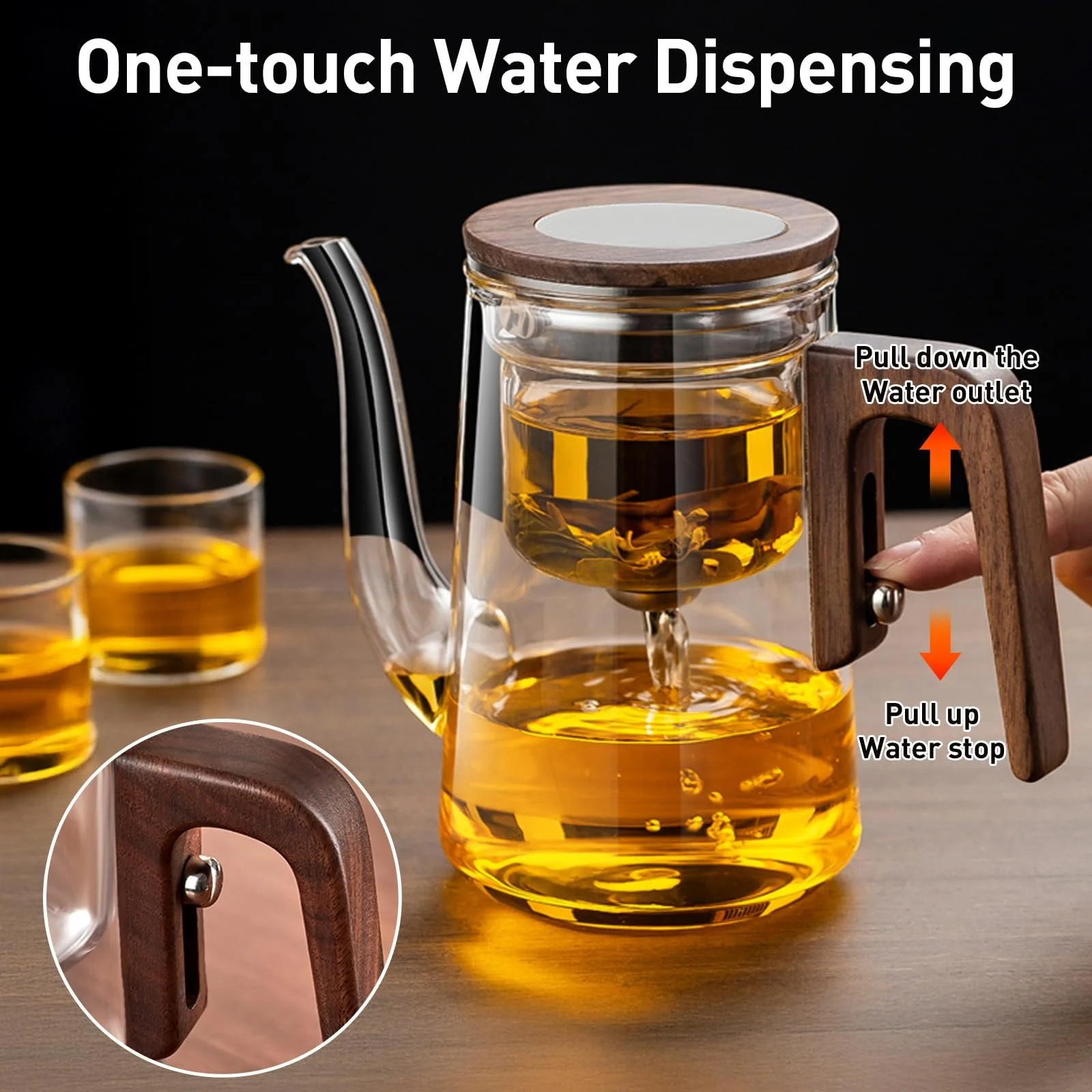 Чайник-заварник Скляний з дерев'яною ручкою та ситечком, фото №2