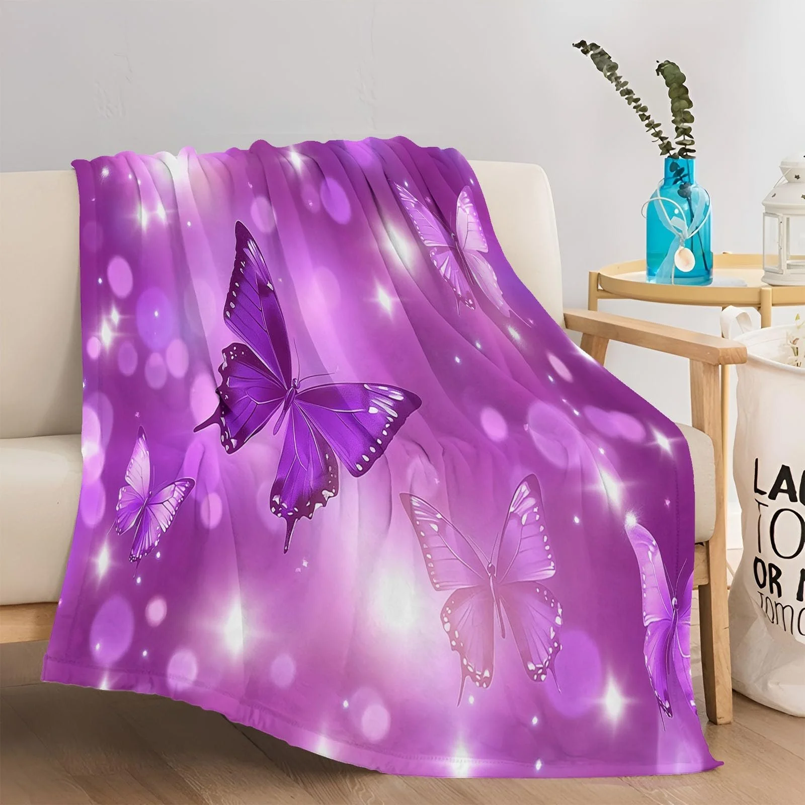 Одеяло Фланелевое Мягкое с 3D принтом Бабочки Фиолетовое, 150 x 200 см, фото №4