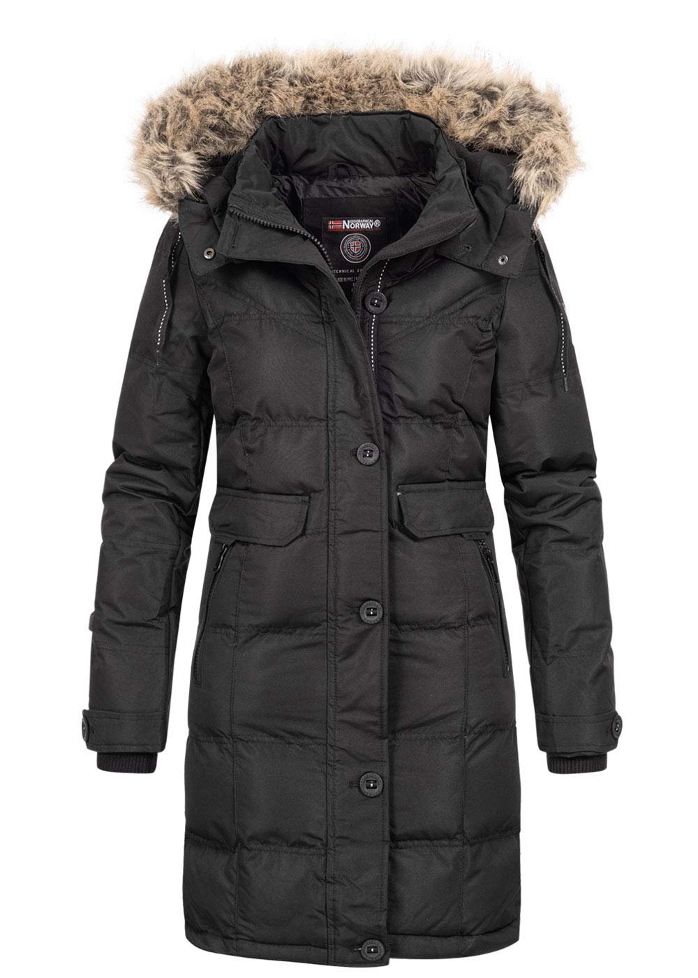 Женская зимняя парка Geographical Norway с капюшоном, искусственным мехом, съемными штормовыми манжетами и нашивками, темно-синяя, фото №1