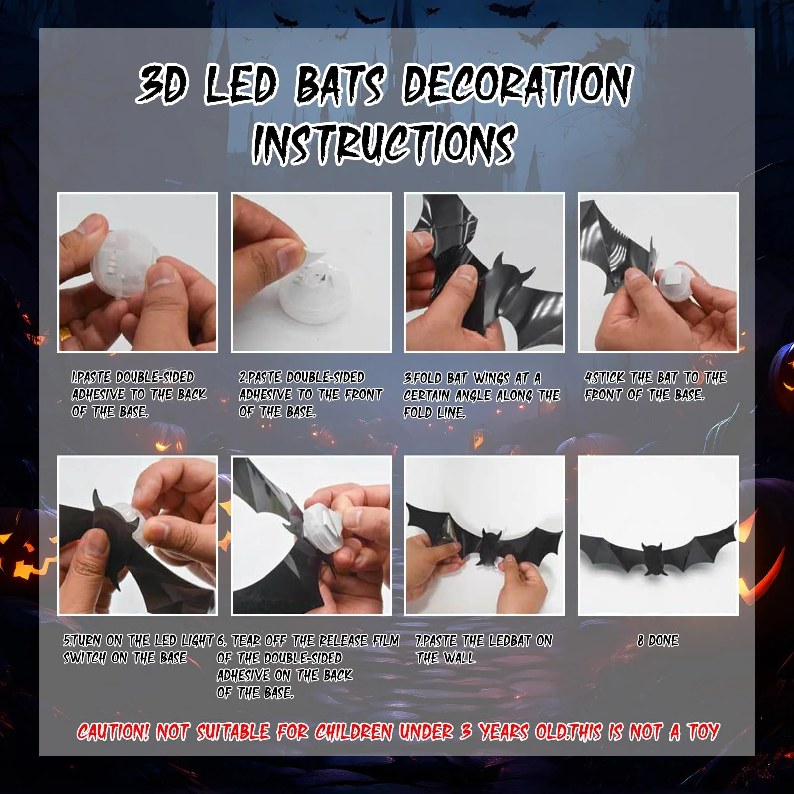 Наклейки для стін Хелловін Кажани 12 шт та Павуки 10 шт 3D Світяться в темряві, фото №3