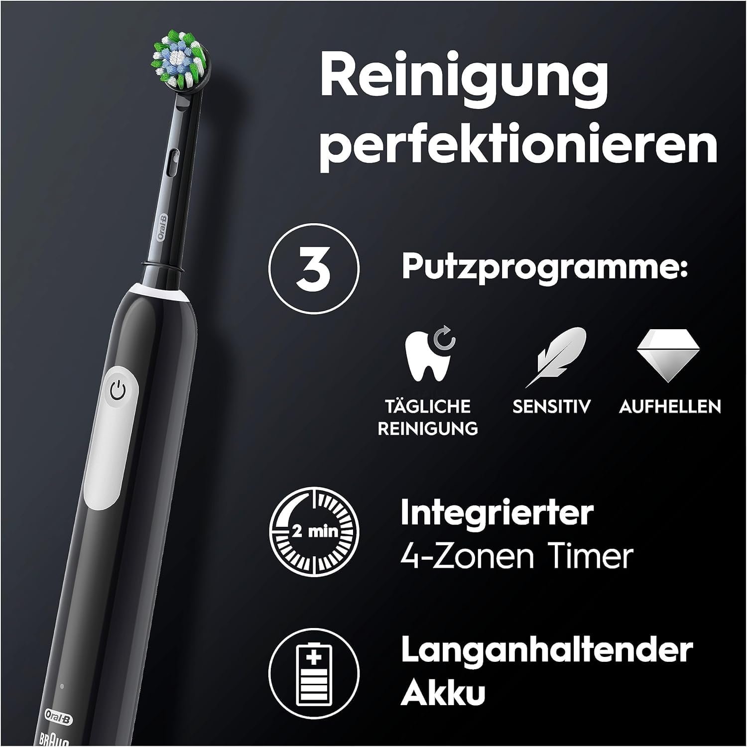 Електрична зубна щітка Oral-B Pro Series 1, подвійна упаковка, 2 змінні насадки, 3 режими чищення та датчик тиску, рожева/чорна, фото №3
