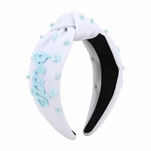 Обруч Белый Узел с Синей Надписью "Bride" и Жемчужной Украшением - Фото 1