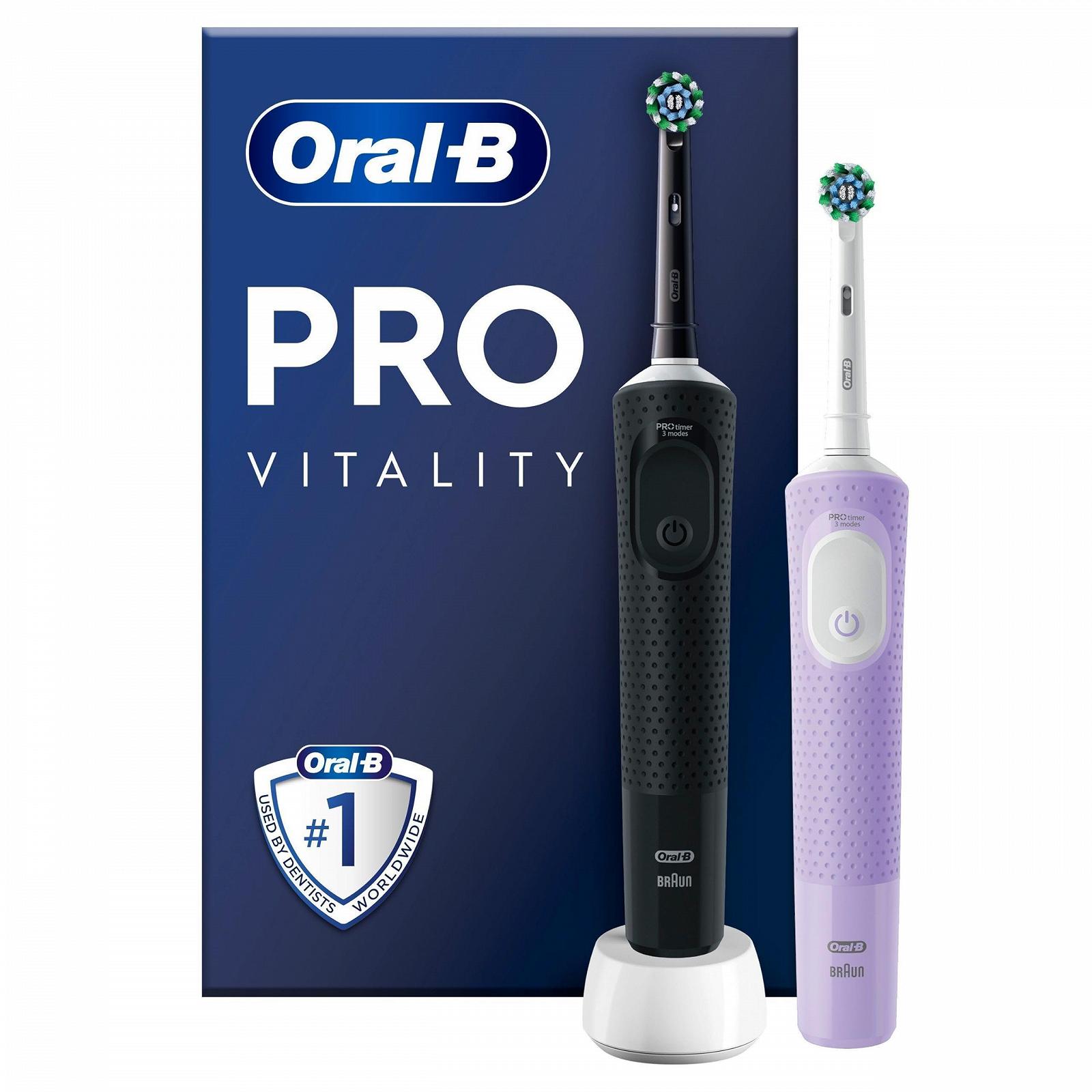 Электрическая зубная щетка Oral-B Vitality Pro, двойная упаковка, 2 сменные щетки, 3 режима чистки, черный/фиолетовый, фото №1