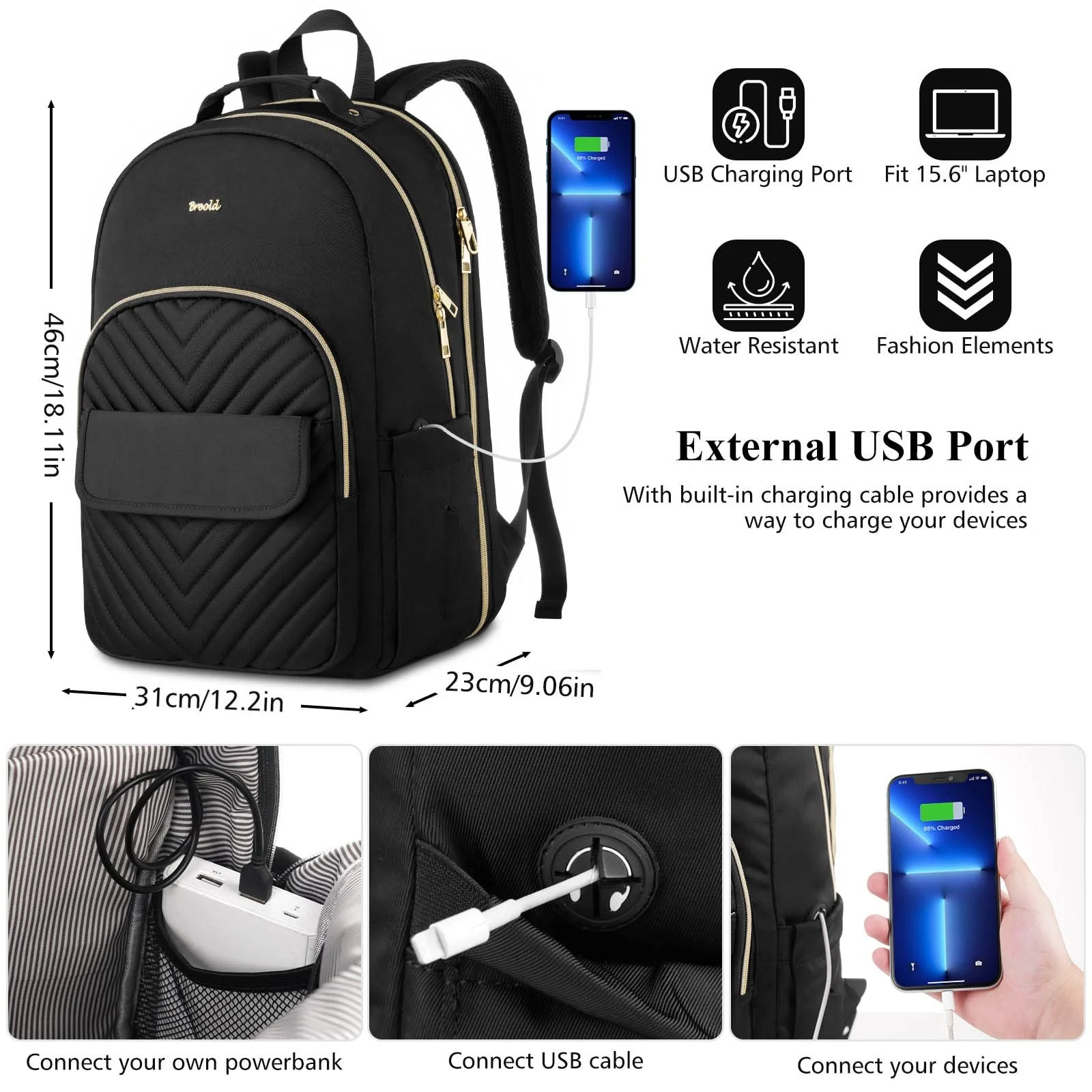 Рюкзак для ноутбука жіночий з USB-портом Чорний, фото №6 Рюкзак для ноутбука жіночий з USB-портом Чорний, фото №6