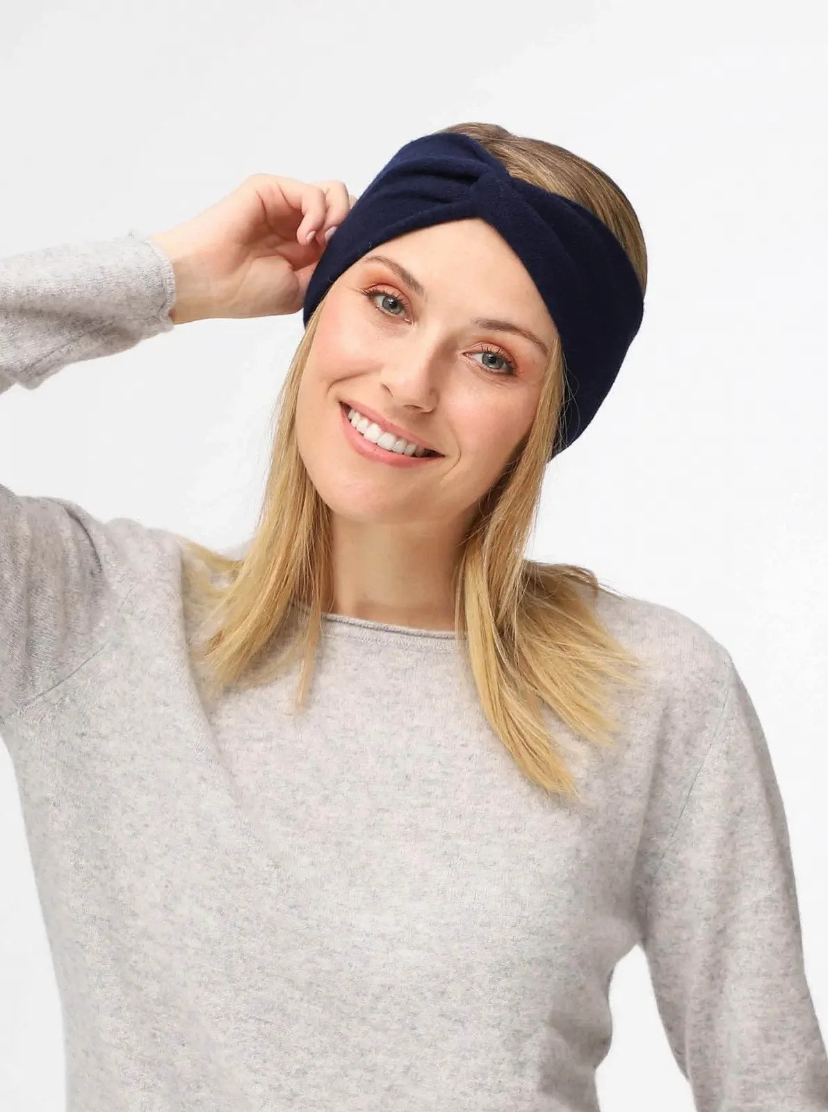 Пов'язка на голову Zwillingsherz 100% кашемір однотонна темно-синя, фото №2