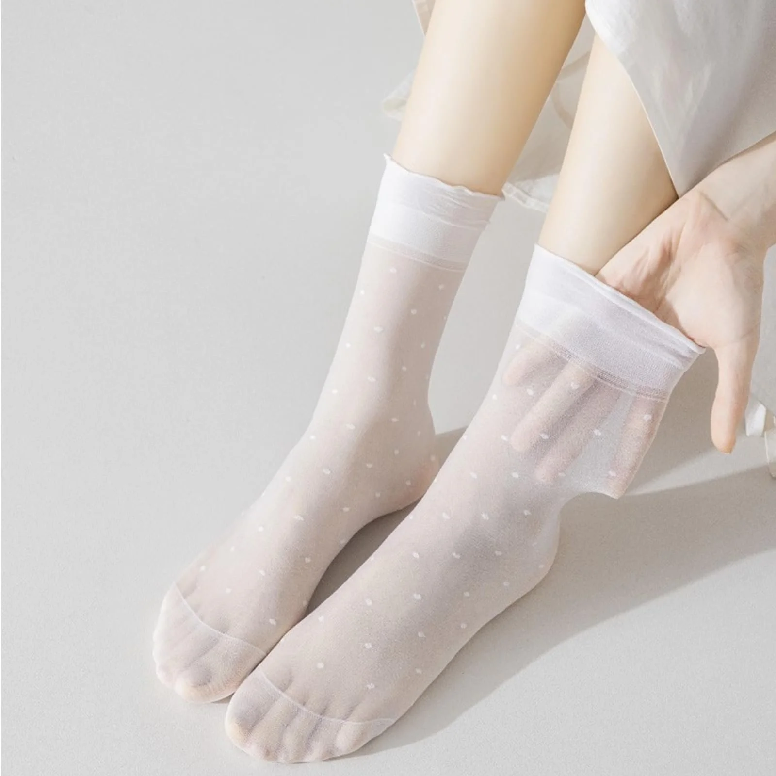 4 пари жіночих прозорих панчіх з рюшами, тілесні, фото №2