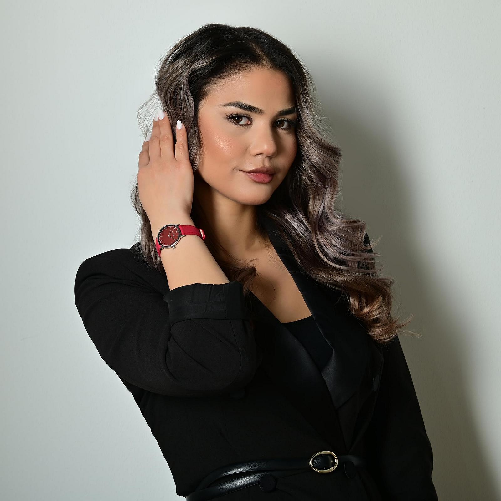 Женские наручные часы Just Watch, серебристый корпус 33 мм, красный кожаный ремешок, фото №5