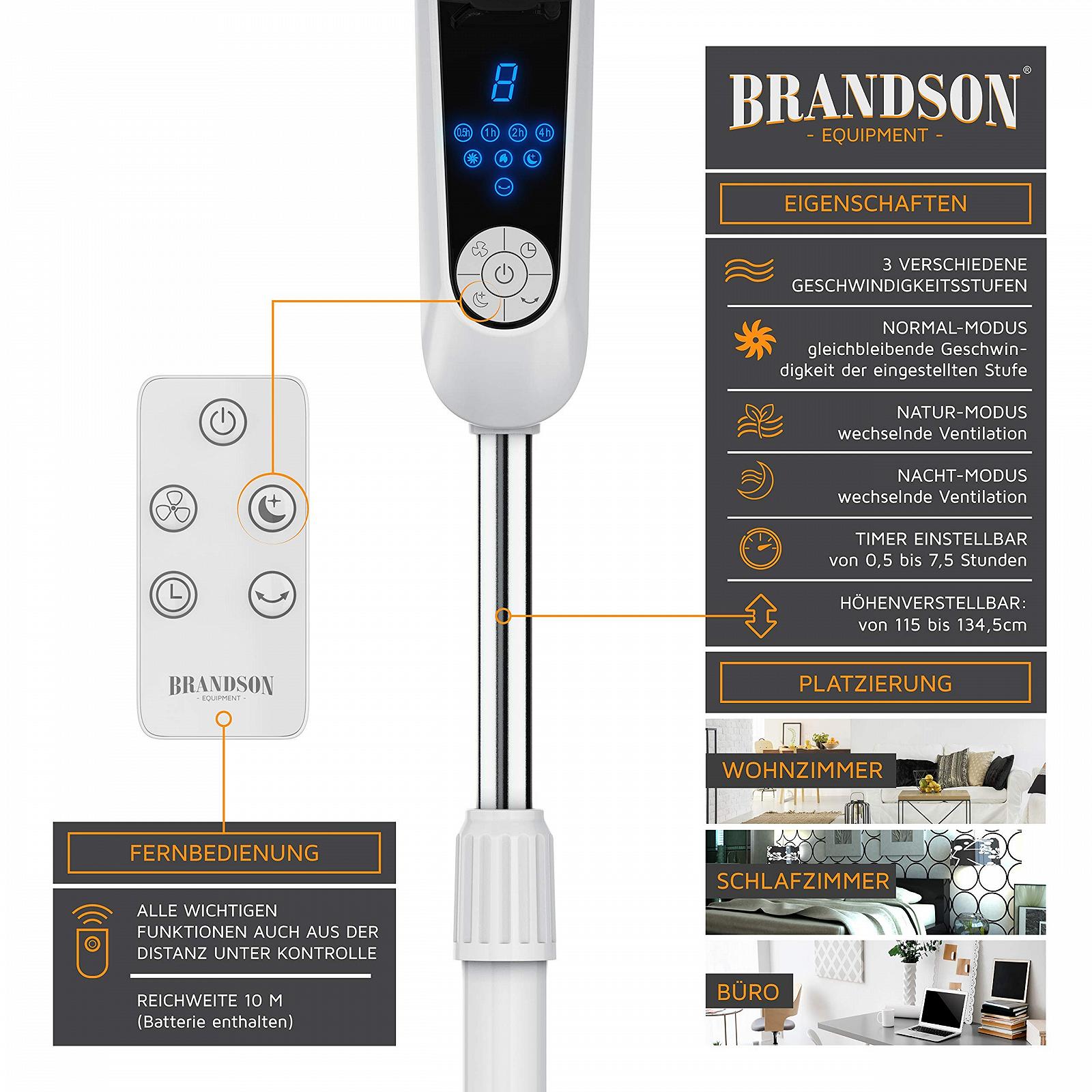 Вентилятор напольный Brandson с пультом ДУ и дисплеем, колебание 80 градусов, 60 Вт, высота 115-134 см, 3 скорости, белый, фото №5