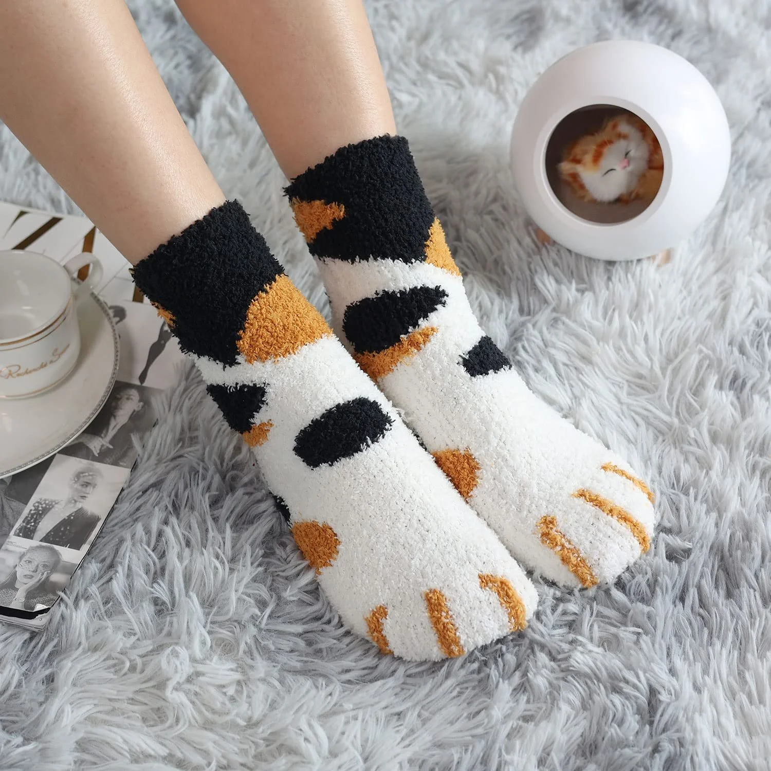 Носки с пальцами Toes Home Cartoon Cuddly Женские - 6 пар супер мягкие пушистые теплые зимние повседневные домашние носки для девочек, фото №2