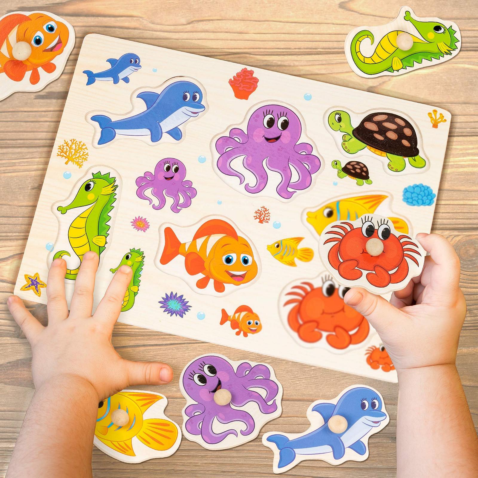 Пазл-вкладыш THE TWIDDLERS Montessori Educational Toy Farm, Jungle Animals, Sea Animals & Insects деревянный 4 шт., фото №4