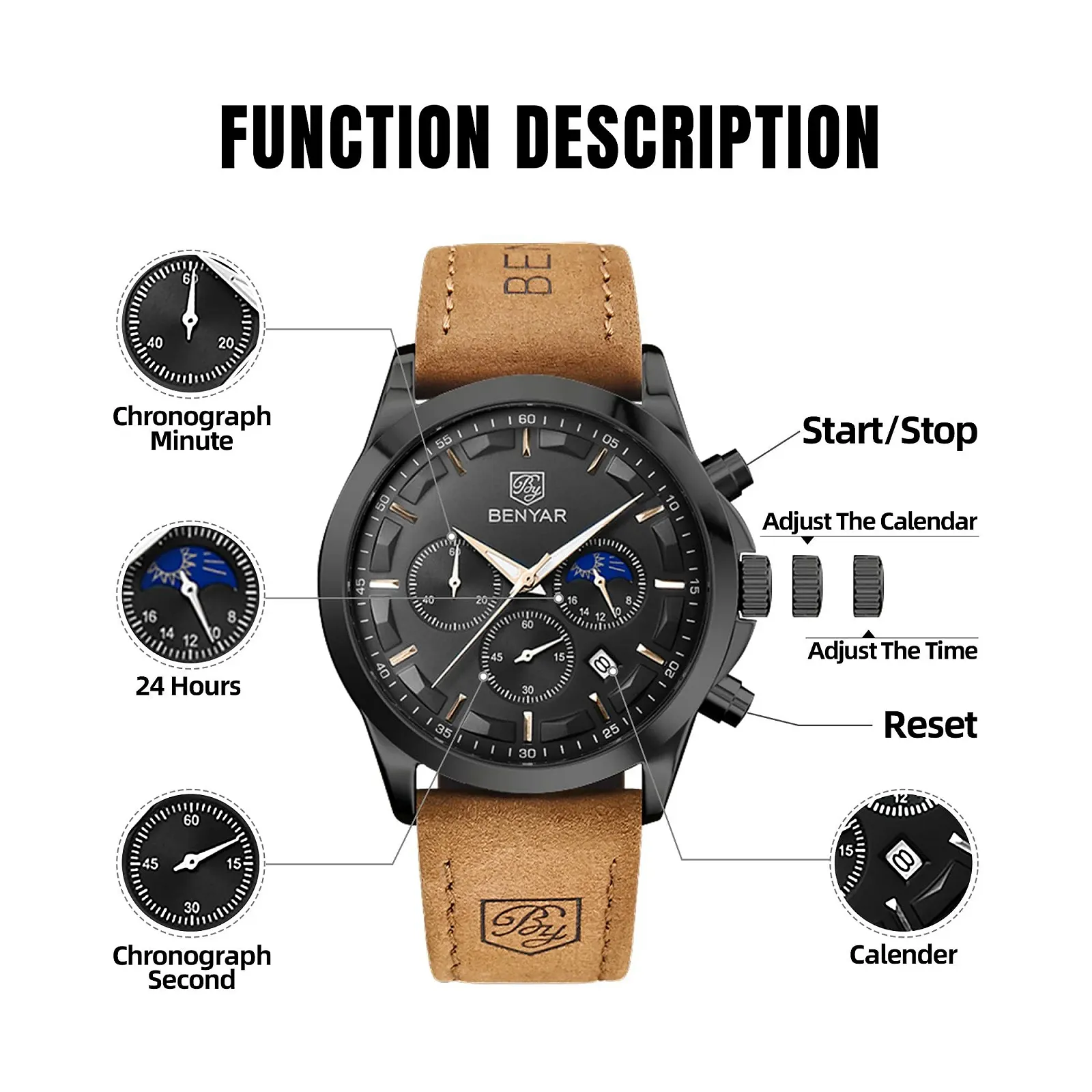 Чоловічий годинник Benyar Хронограф Аналоговий Кварцовий Водонепроникний, фото №6