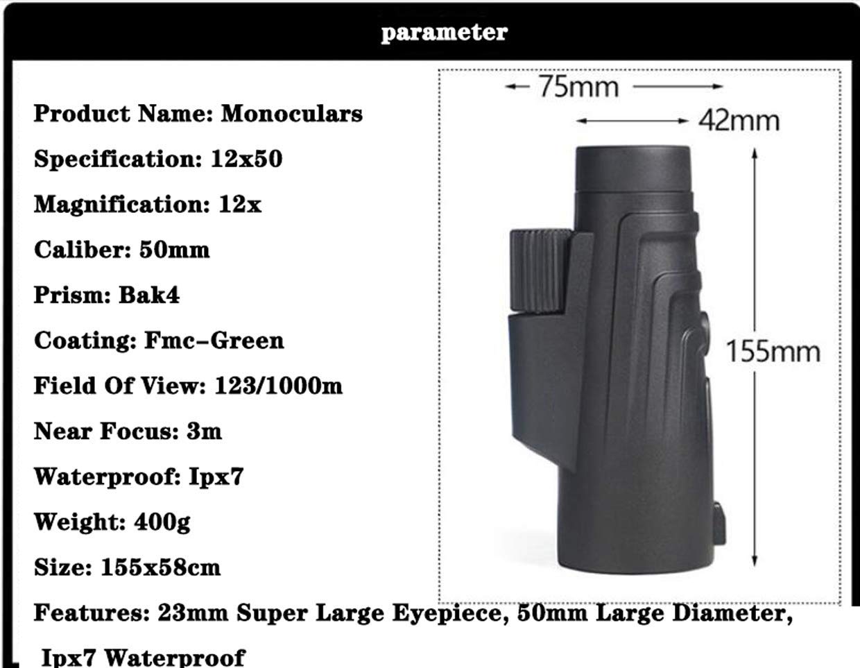 Монокуляр Spacmirrors 12X50-Telezoom з BAK4 призмами FMC лінзи, фото №6