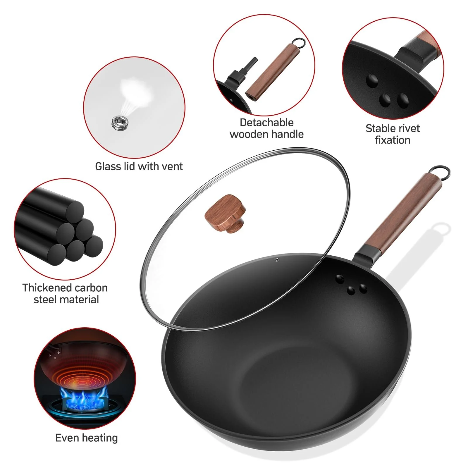 Сковорідка-Wok Jobin 33 см / 5.6 л з кришкою, вуглецева сталь, для азіатських страв, для 4-6 осіб, фото №2 Сковорідка-Wok Jobin 33 см / 5.6 л з кришкою, вуглецева сталь, для азіатських страв, для 4-6 осіб, фото №2