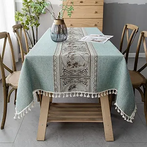 Скатертина Pahajim Boho квадратна бавовна та льон з китицями Зелена 140 x 140 см - Фото 1