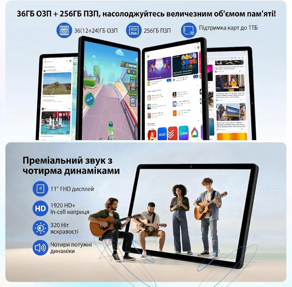 Планшет 11" Full HD FASTWD M186 12+24/256Gb 4G 2-SIM 8 ядер Android 15 8000 mAh Чорний, фото №5