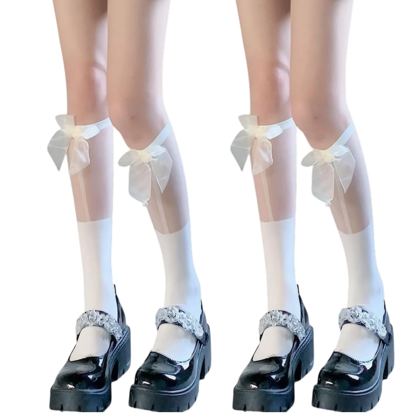 Жіночі гольфи з мереживом та рюшами, з бантом, білі (2 пари), фото №1 Жіночі гольфи з мереживом та рюшами, з бантом, білі (2 пари), фото №1