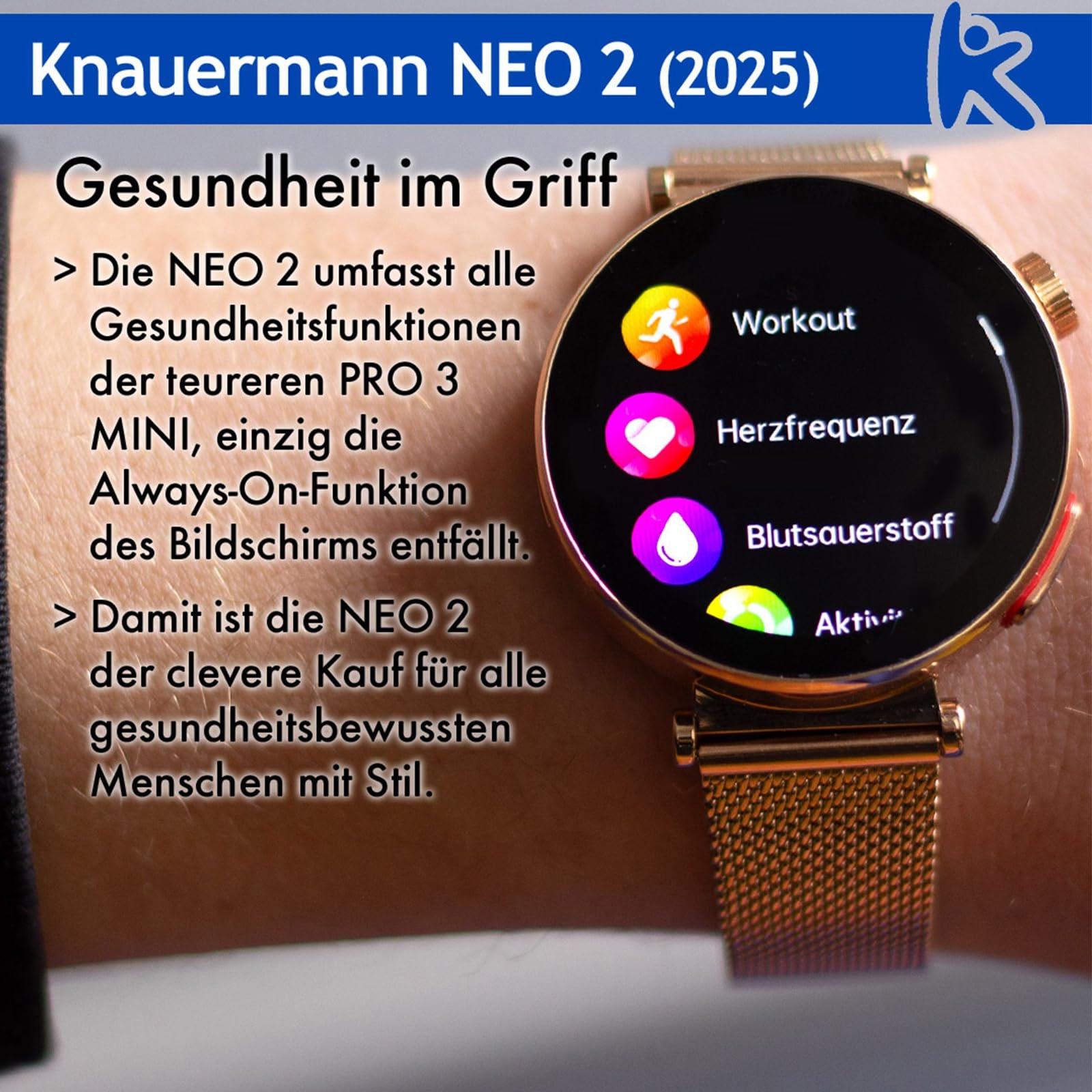 Смарт-часы Knauermann Neo 2 (2025) Золотые Круглые, Функции ЭКГ + ВСР, BT Bluetooth, Апноэ во сне, Измерение артериального давления, фото №4