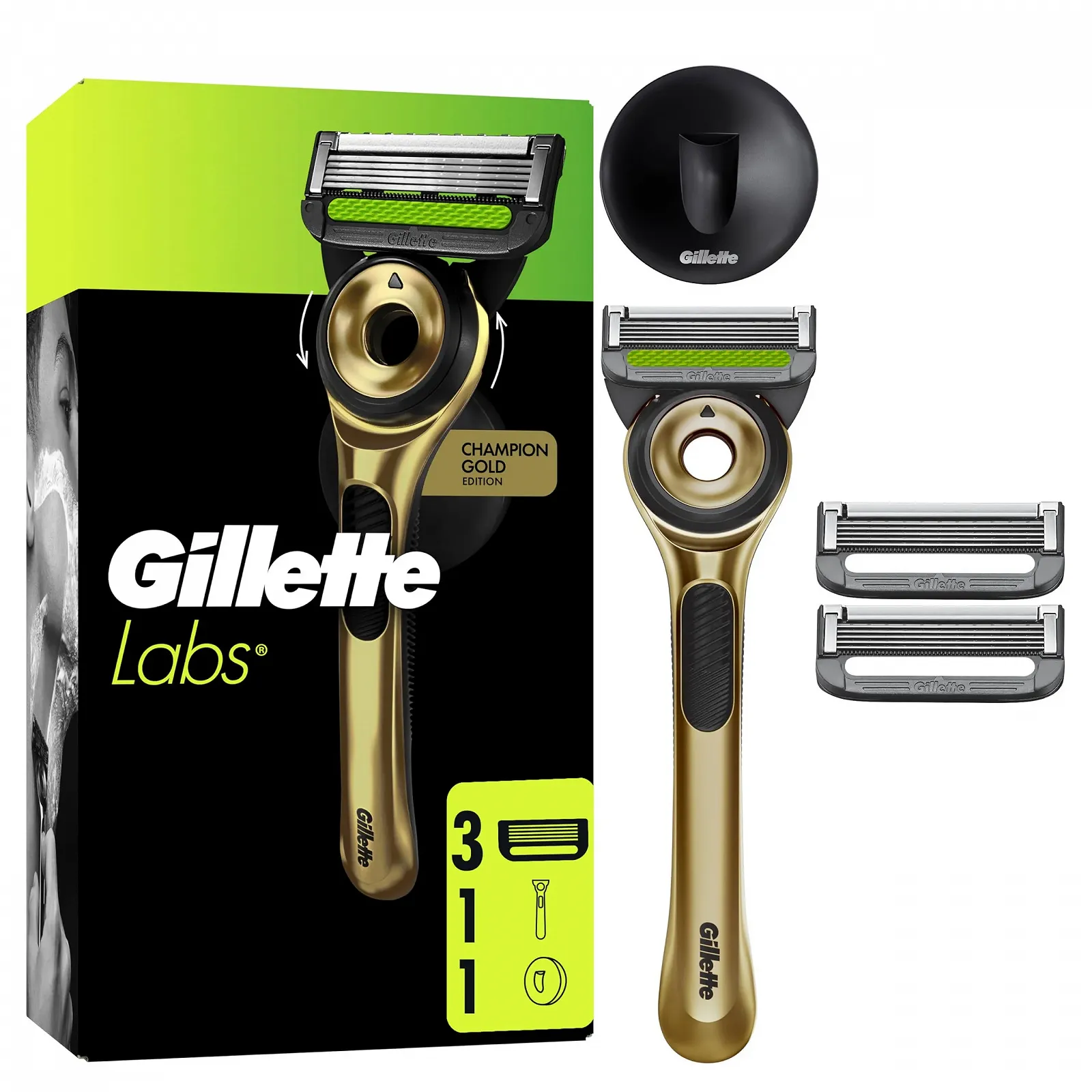 Бритва Gillette Labs Champion Gold Edition с очищающим элементом 1 ручка 3 сменных лезвия и настенное крепление, фото №1