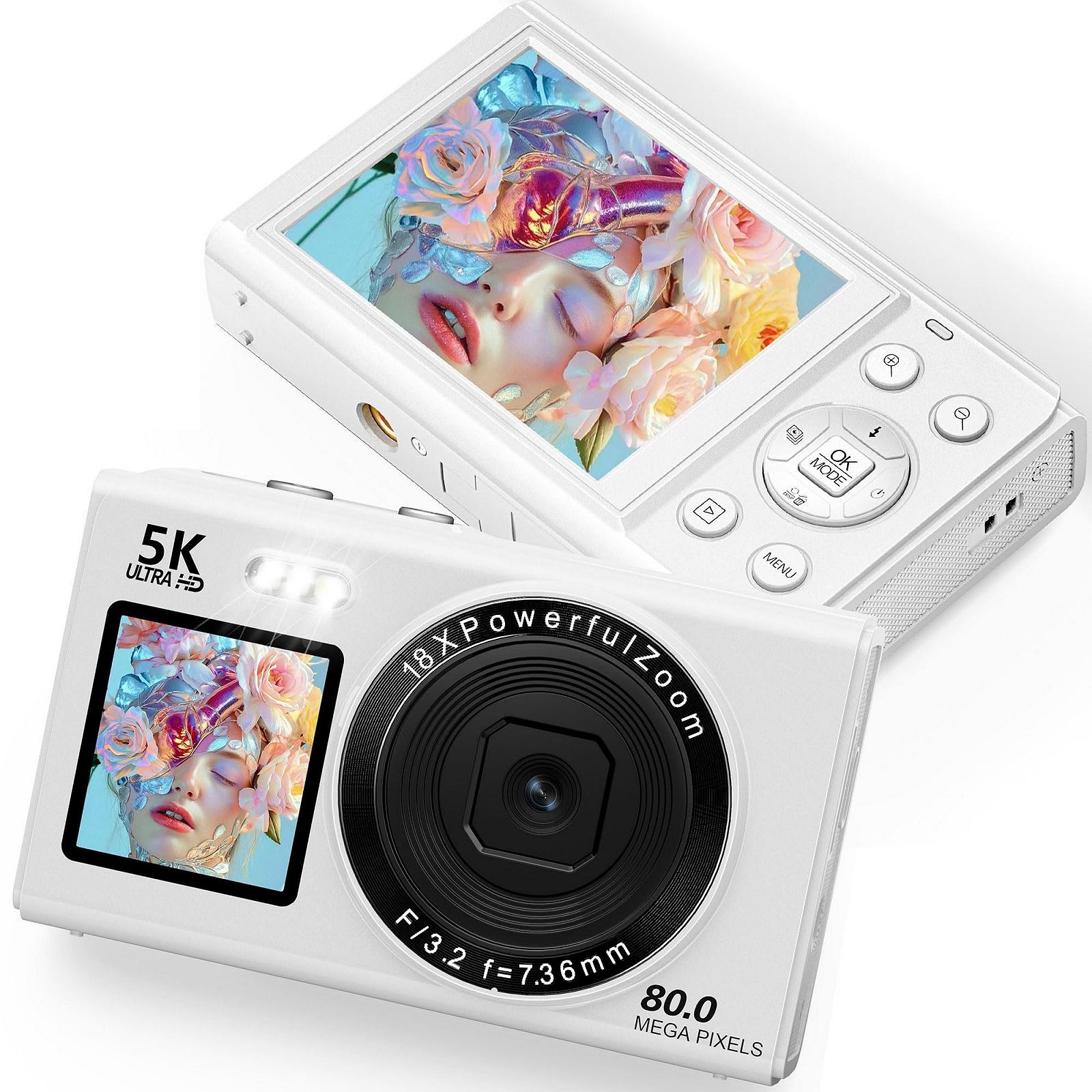 Цифровая камера 5K 80MP с WiFi, 2,4-дюймовым ЖК-дисплеем и 1,5-дюймовым дисплеем для селфи, 18-кратным зумом, картой TF 32 ГБ, компактная камера для видеоблогов Портативная камера для подростков, начинающих и взрослых, белая, фото №1