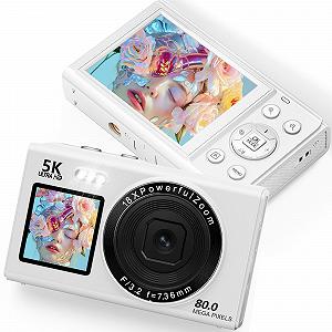 Цифровая камера 5K 80MP с WiFi, 2,4-дюймовым ЖК-дисплеем и 1,5-дюймовым дисплеем для селфи, 18-кратным зумом, картой TF 32 ГБ, компактная камера для видеоблогов Портативная камера для подростков, начинающих и взрослых, белая - Фото 1