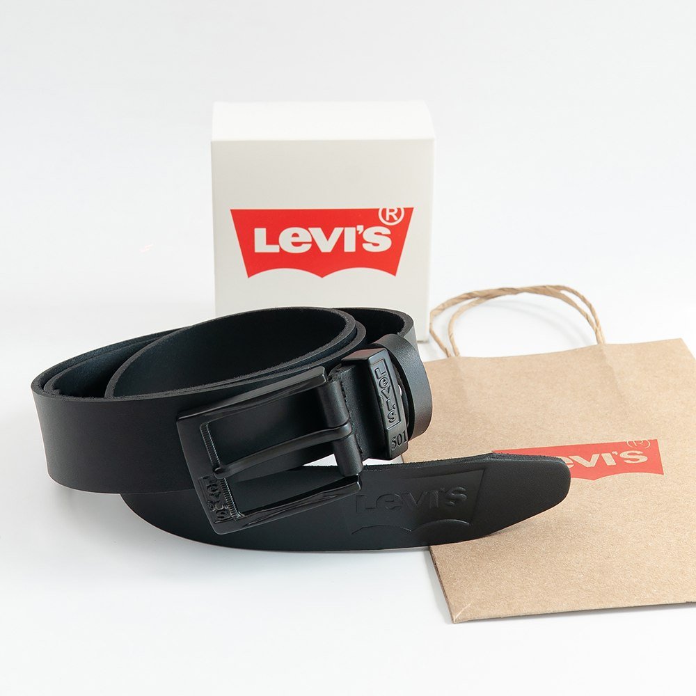 Шкіряний ремінь чоловічий брендовий з чорною пряжкою Levis, фото №3
