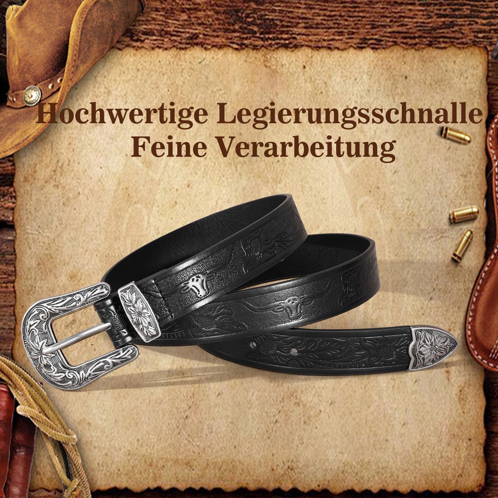 Ремень Vonmelli Western Женский ковбойский кожаный ремень для брюк Джинсовый ремень на талию с винтажным цветочным резным дизайном Большой размер S-XXXL, фото №4