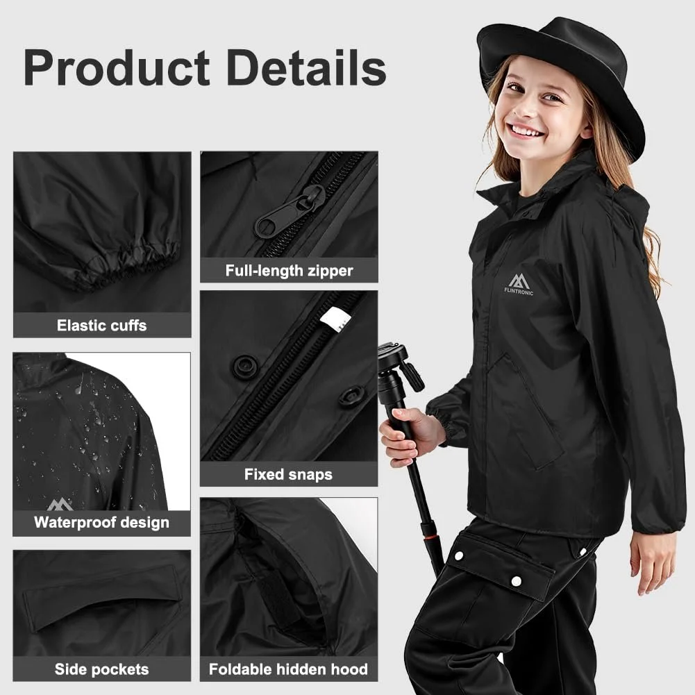 flintronic Унисекс Детский Складной Дождевик, Детская Дождевая Куртка, Водонепроницаемая Детская Куртка, Ветро- и водонепроницаемый Дождевик, фото №3