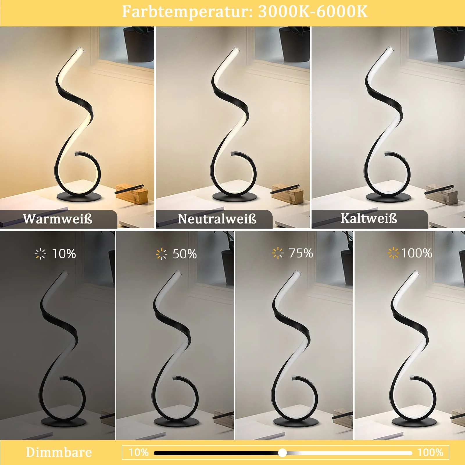 Настольная лампа LED спиральный дизайн, 22 Ватт, с регулировкой яркости, 3 режима цвета, 10 уровней яркости, черная, фото №2