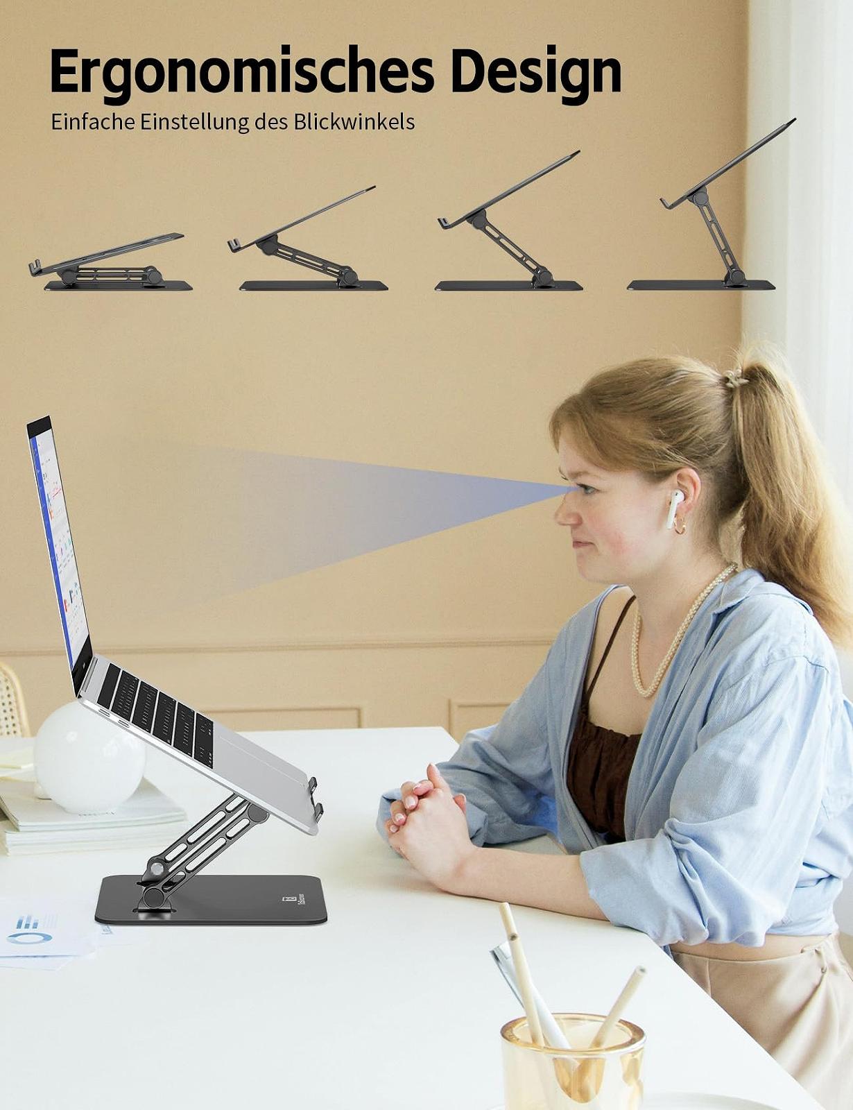 Підставка для ноутбука алюмінієва ергономічна, регульована по висоті та складна, стабільна та нековзка, покращена вентиляція, сумісна з MacBook (до 15,6 дюймів), чорна, фото №2