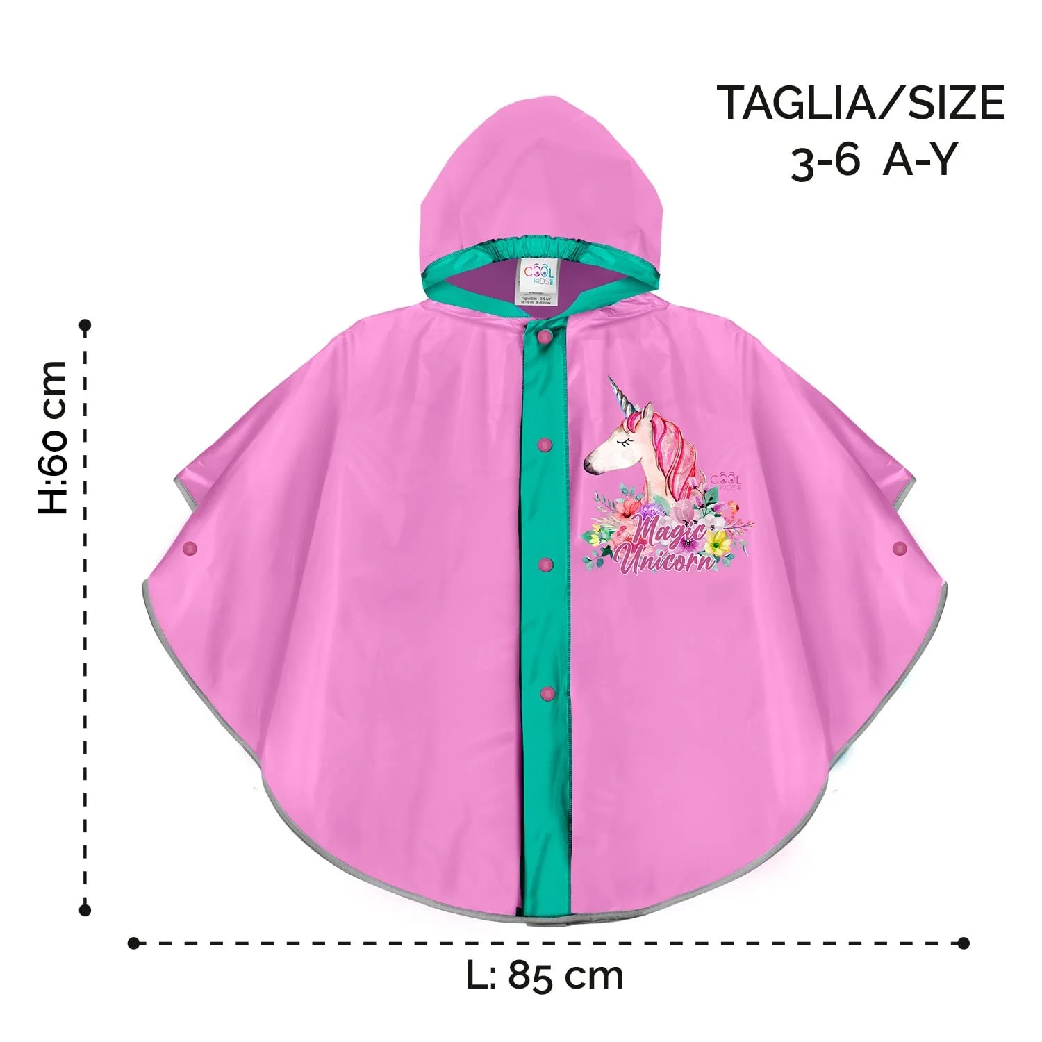 Дощове пончо Perletti Unicorn для дівчаток Рожева дощова куртка Unicorn для дітей з відбиваючими смужками, фото №3