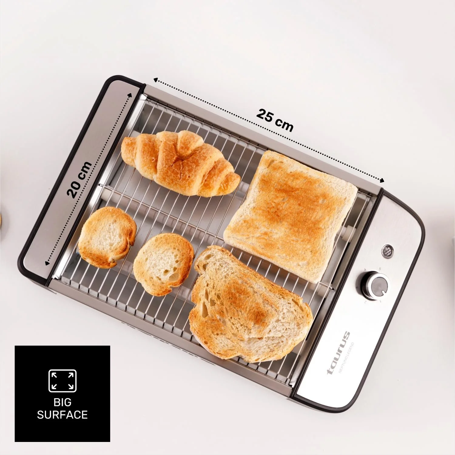 Тостер Плоский Taurus Neptuno Legend 1000 Вт, поверхня для тостів 25 x 20 см, 3 кварцові нагрівальні елементи, звуковий сигнал, для 4 тостів, піддон для крихт, нержавіюча сталь, зберігання кабелю, фото №3