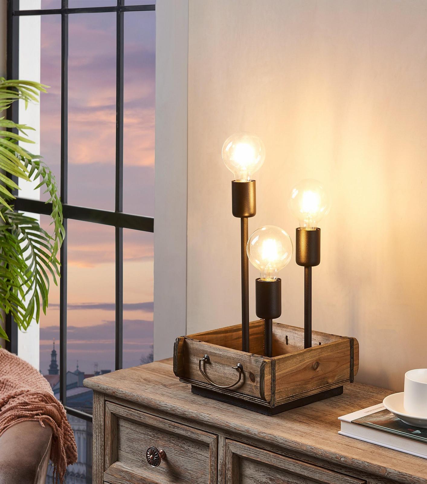 Настільна лампа EGLO Wootton 3-лампова Вінтажна Дерево та Метал E27 Коричнева та чорна, фото №2