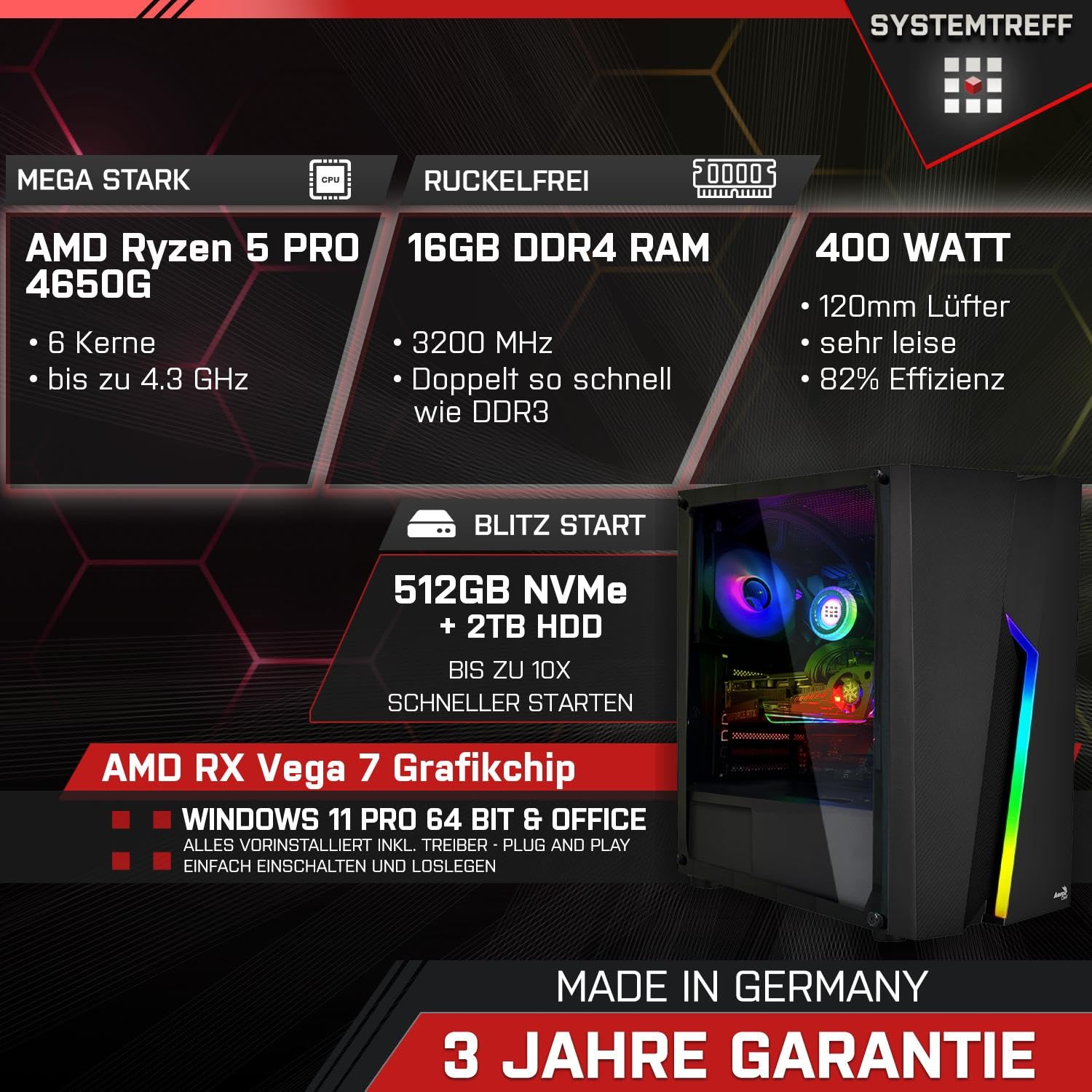 Система SYSTEMTREFF Basic Gaming AMD Ryzen 5 PRO 4650G 6x4.3GHz AMD RX Vega 7 512GB M.2 NVMe + 2TB HDD 16GB DDR4 RAM Чорний, фото №2