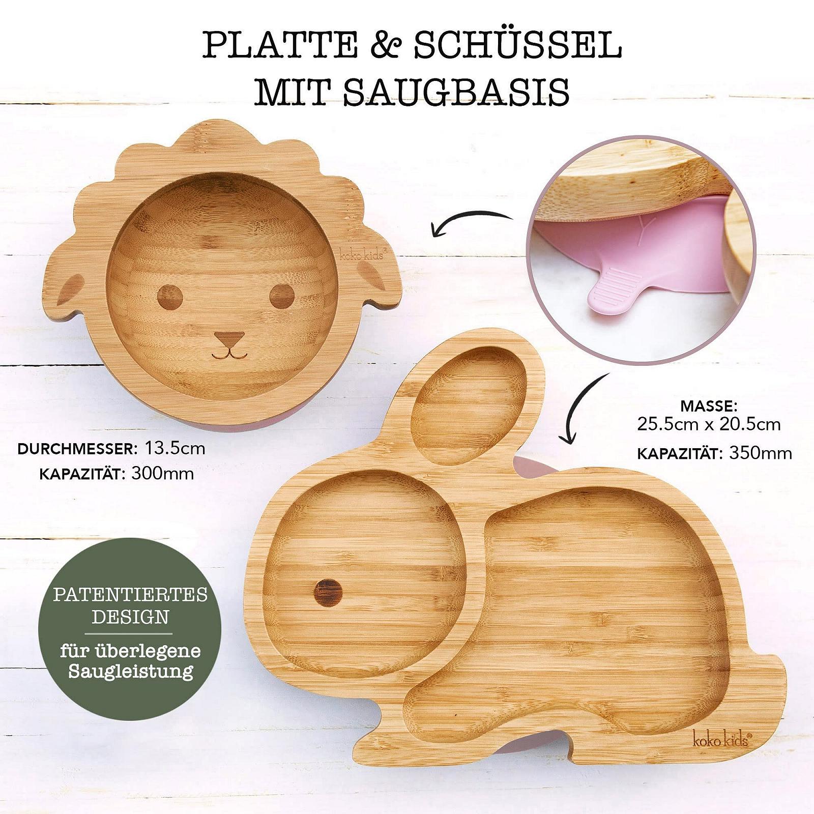 Набор детской посуды Koko Kids® из бамбука и силикона: Тарелка на присоске Кролик, Миска на присоске Ягненок, Силиконовая чашка и ложка (Розовый), фото №4 Набор детской посуды Koko Kids® из бамбука и силикона: Тарелка на присоске Кролик, Миска на присоске Ягненок, Силиконовая чашка и ложка (Розовый), фото №4
