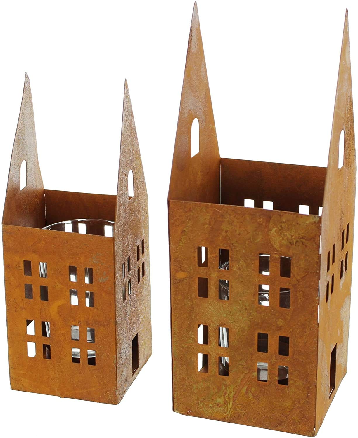 Підсвічники з металу будиночок в іржавому вигляді з ліхтарним склом, фото №3
