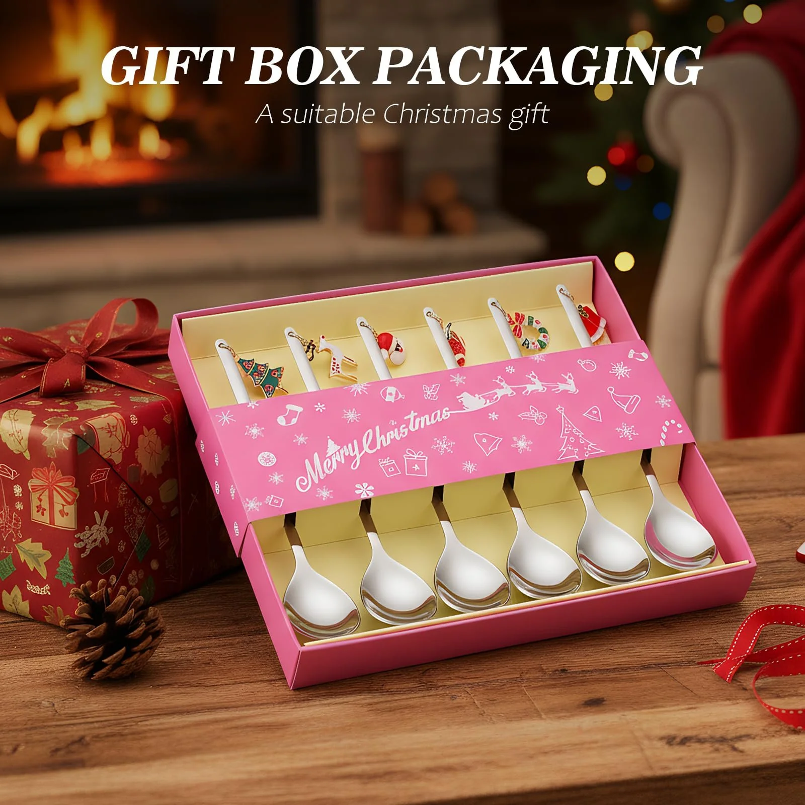 Набор из 6 рождественских ложек из нержавеющей стали, праздничные кофейные ложки с рождественским кулоном в элегантном дизайне, элегантная десертная ложка и ложка для смешивания для рождественского и зимнего украшения стола, фото №7