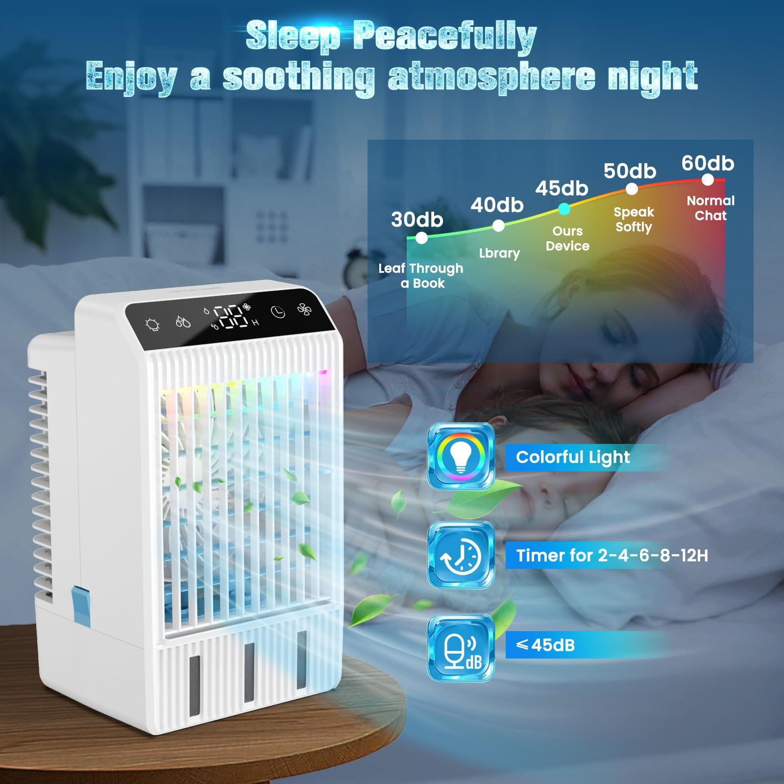 Мобільний кондиціонер Портативний без витяжного шланга Міні з розпилювачем та кольоровим нічним підсвічуванням для дому офісу кемпінгу, фото №5