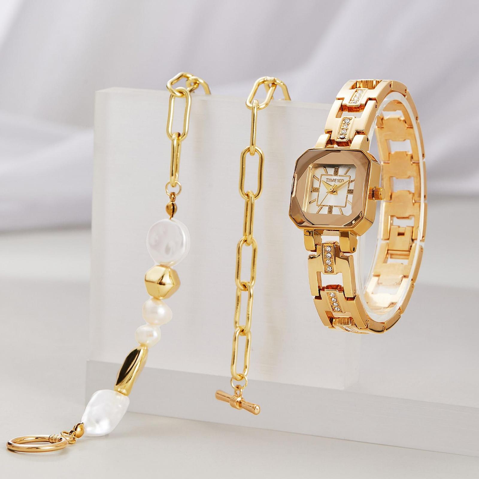 Жіночий наручний годинник TIME100 Premium Golden з кристалами та браслетом-намистом - набір із двох предметів, золотий, фото №2