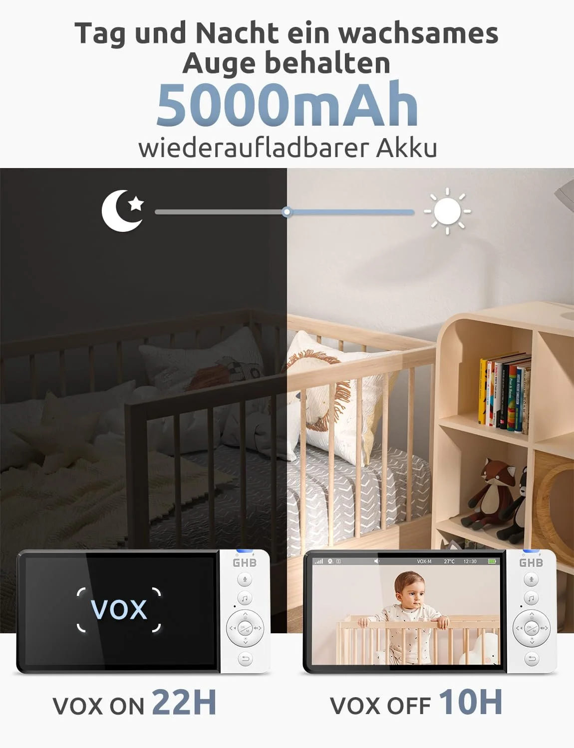 Відеоняня GHB 5 дюймів HD 5000 mAh IPS VOX 4X Zoom Night Vision Temperature 720P Manual Rotation, фото №4 Відеоняня GHB 5 дюймів HD 5000 mAh IPS VOX 4X Zoom Night Vision Temperature 720P Manual Rotation, фото №4
