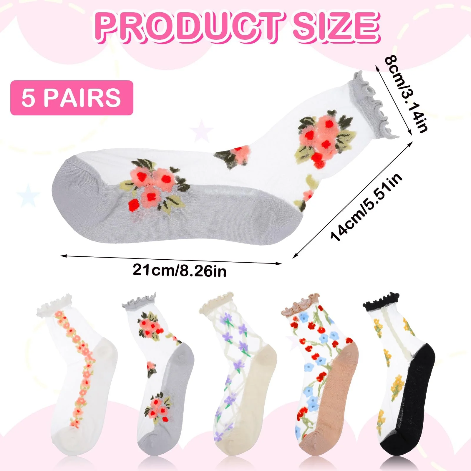 Прозорі шкарпетки з рюшами, 5 пар, Універсальний розмір, фото №2