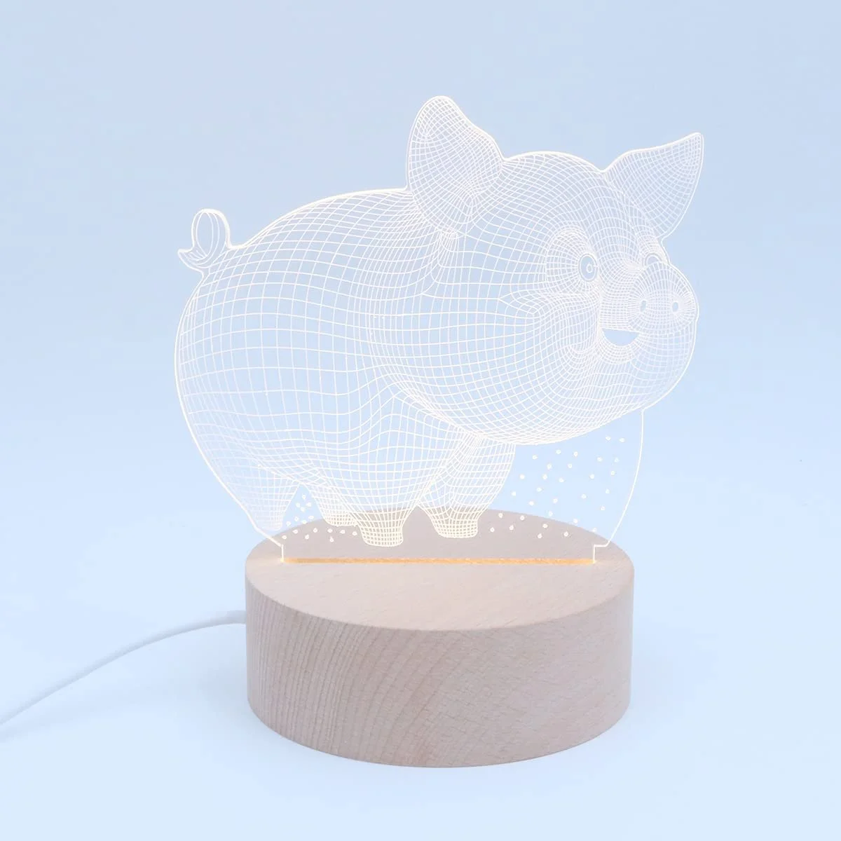 Настільна світлодіодна лампа нічник 3D Abstract Pig з дерев'яною основою Теплий жовтий, фото №3