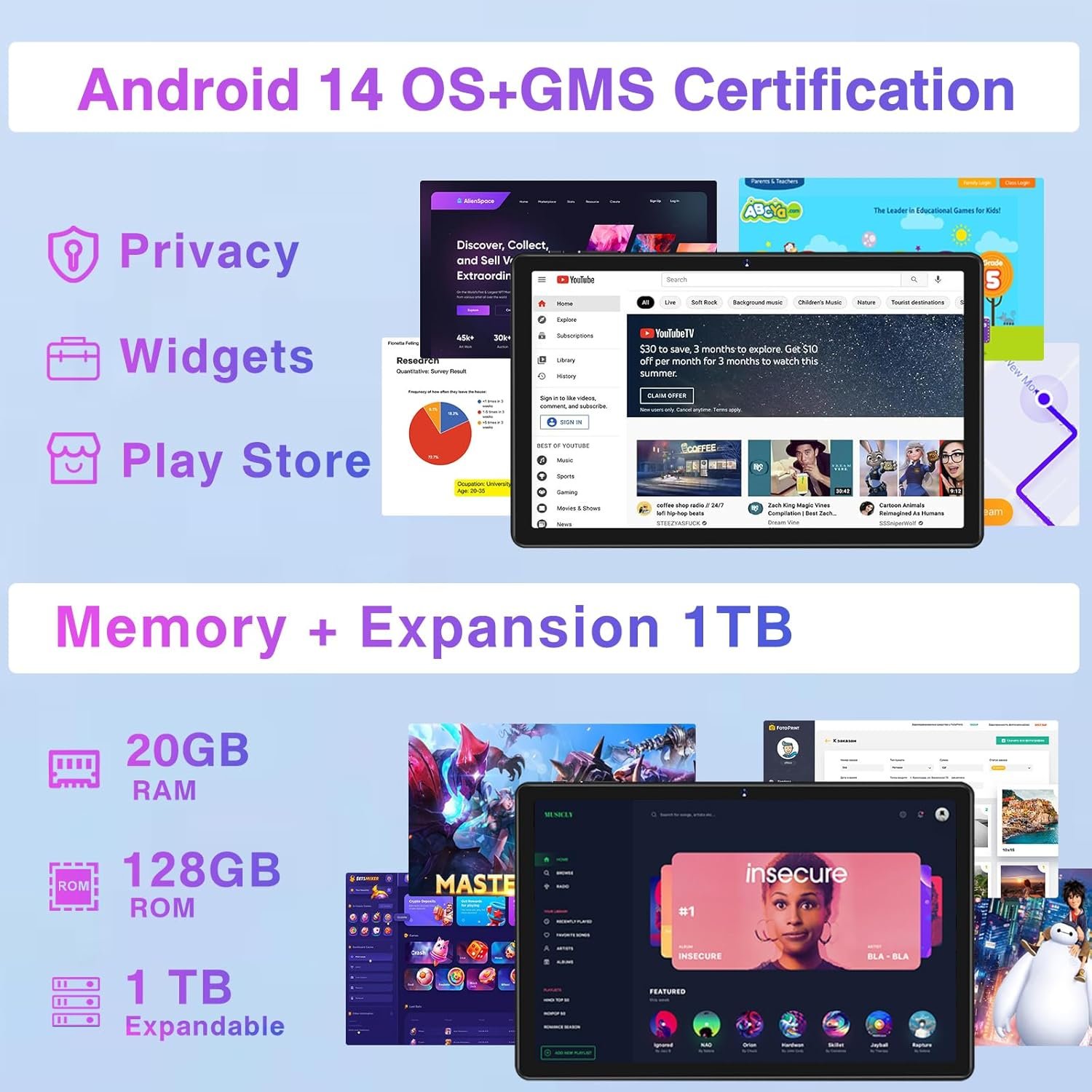 Планшет 10.1" ZIOVO Z138 6+14/128Gb 8 ядер Android 14 6000 mAh Черный, фото №2