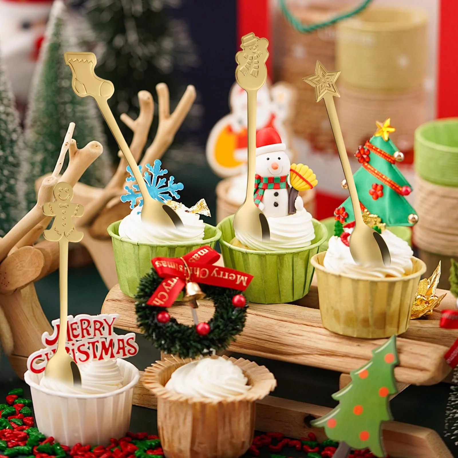 Набор рождественских ложек, 4 штуки, рождественские кофейные ложки, чайная ложка из нержавеющей стали, десертная ложка, ложка для смешивания, набор рождественской посуды с подарочной коробкой для рождественского украшения, вечеринки и кухни, фото №5