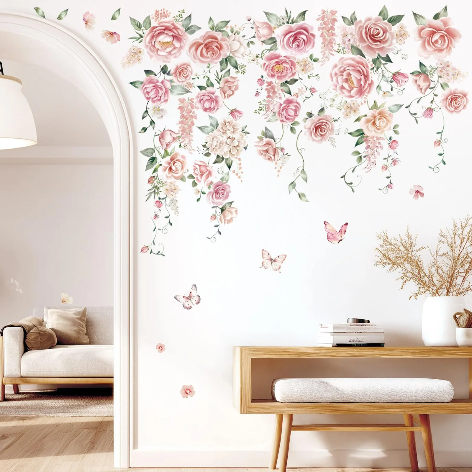 Наклейки на стіну DECOWALL SG3-2428 Трояндові лози з метеликами Квіткові Рожеві, фото №1