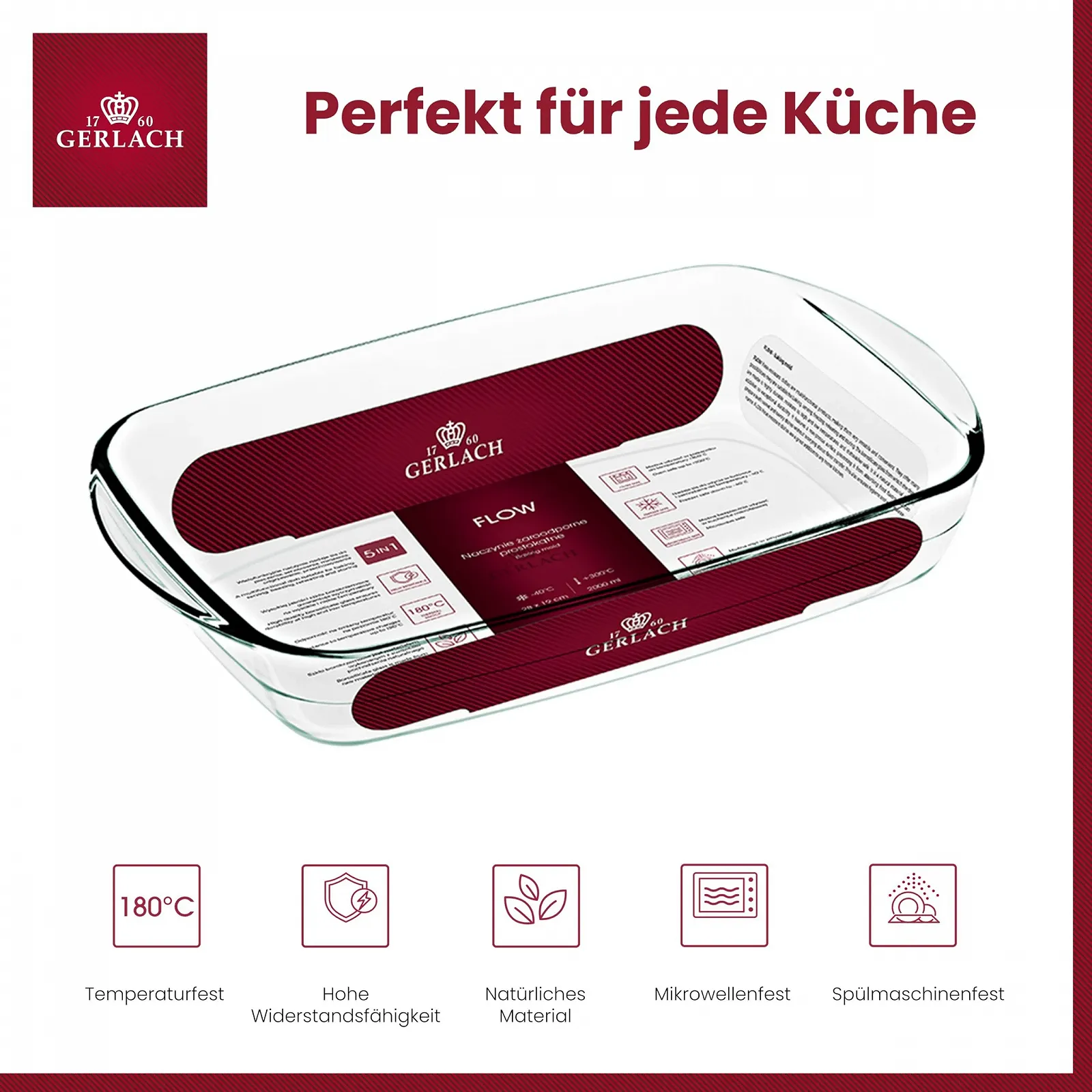 Форма для запекания Gerlach Flow 1760 прямоугольная из боросиликатного стекла 32.5 x 20 см 2 л, фото №3