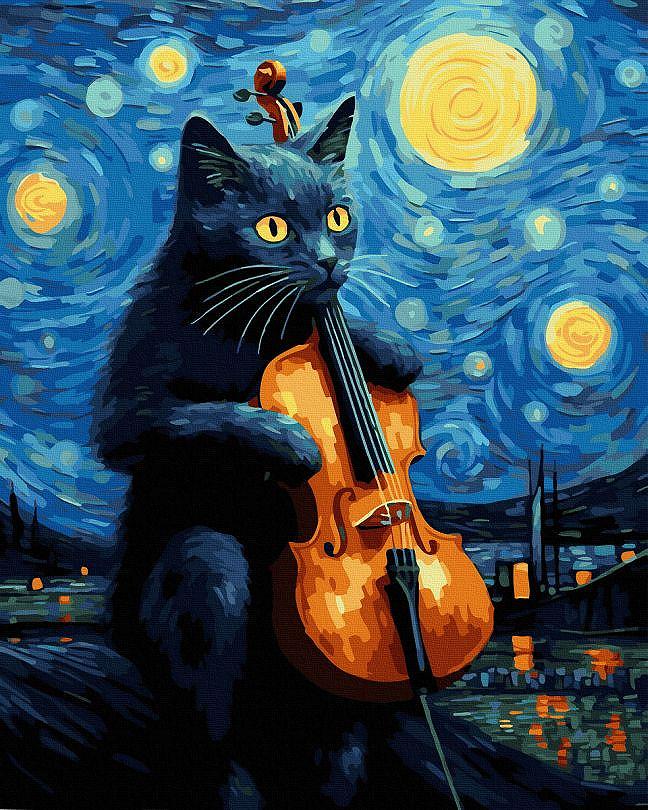 ANG529 Картина за номерами 40 х 50 см Зоряна ніч та кіт Без коробки, фото №1