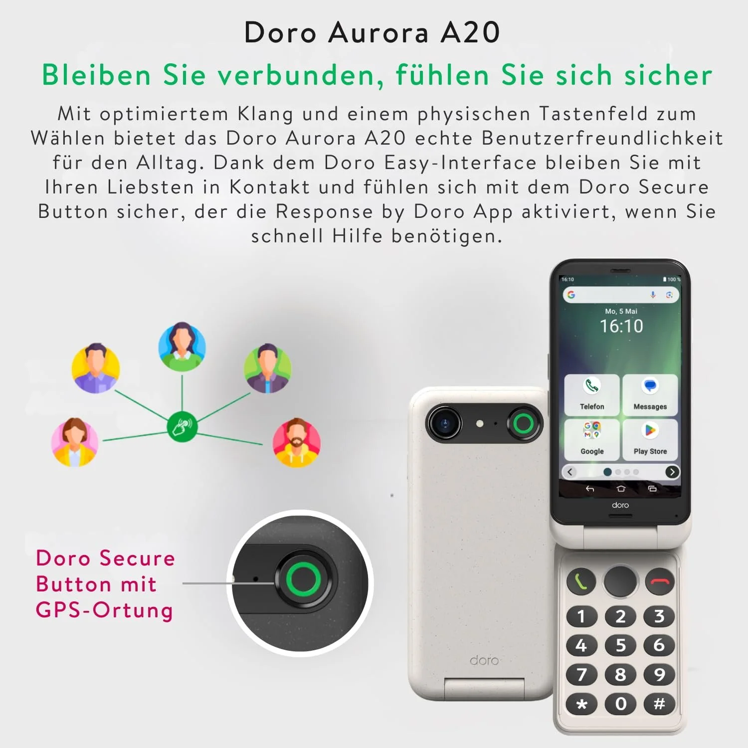 Смартфон-розкладачка Doro Aurora A20 для літніх людей з кнопкою допомоги GPS USB-кабель у комплекті Bone, фото №4 Смартфон-розкладачка Doro Aurora A20 для літніх людей з кнопкою допомоги GPS USB-кабель у комплекті Bone, фото №4